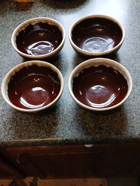 Set of 4 Brown Glazed  Bowls with Cream Rim